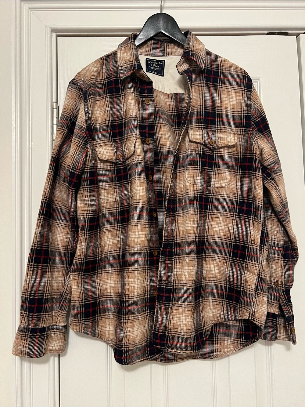 Abercrombie & Fitch Y2K Plaid Flannel Shirt in Beige, Black & Red size Small